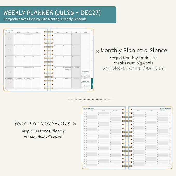 BEZEND Weekly Planner 2026-2027 (6" x 8.5") with Hourly Timeslot (Jul 26-Dec 27) 18 Months Academic Calendar - Deluxe Design - Thick 100GSM Paper, Laminated Monthly Tabs, Corner Protectors, Light Blue