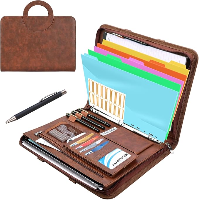 Padfolio Portfolio Binder with Handle, 3-Ring Folder Organizer, Vegan Leather Portfolio with Notepad Includes 5 Dividers with 10 Pockets for Documents Filesfor Documents Files and 1 Pen