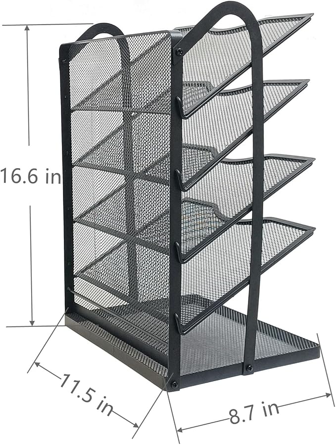5 Tier Mesh Desk Organizer Letter Tray-Angled File Holder,Black | Metal Office Desk file Organizer with Handle,Paper Sorter Organizer for Office,Home,Classroom or School