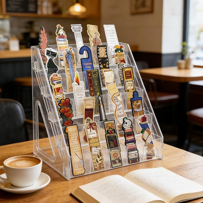 5 Tier Acrylic Bookmark Display Stand for Vendors, 25 Pockets Portable Sticker Holder Greeting Card Display for Business Vendor, Retail Store Shop
