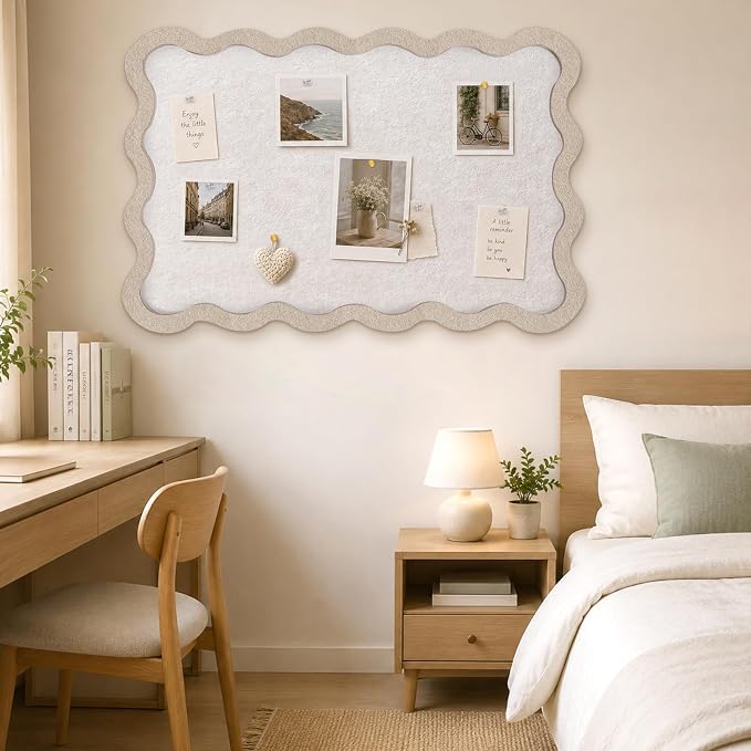 Scalloped Felt Bulletin Board, Sized 36" x 24" Felt Cork Board Alternative for Office & Wall Decor, Customizable Adhesive Tiles with Pins Hooks for Photo Display School Home Office, Oatmeal