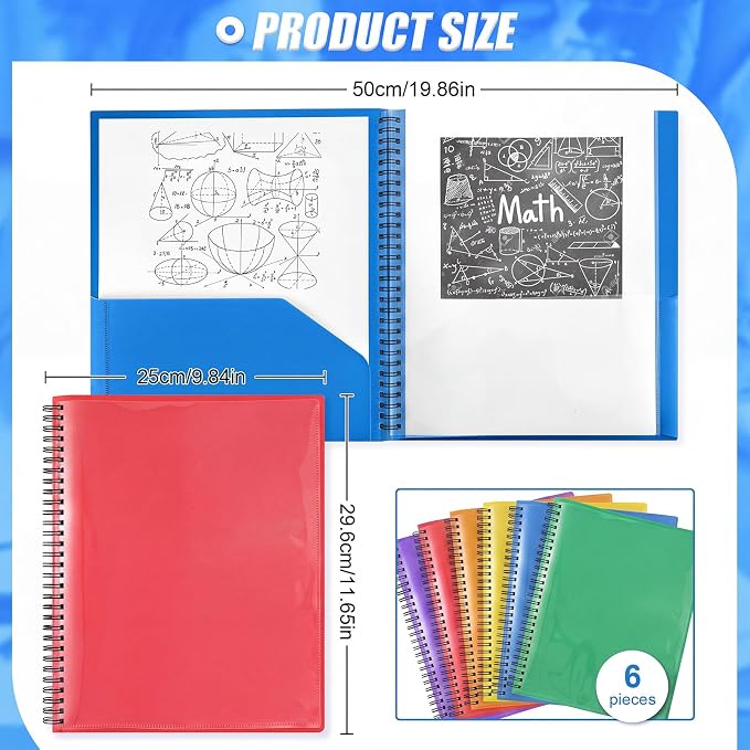 Seajan 6 Pcs 10 Pocket Folder Colorful Sturdy Plastic Spiral Portfolio Multi Pocket Folder Organizer Document Folders Plastic Spiral Project Organizer for School Office