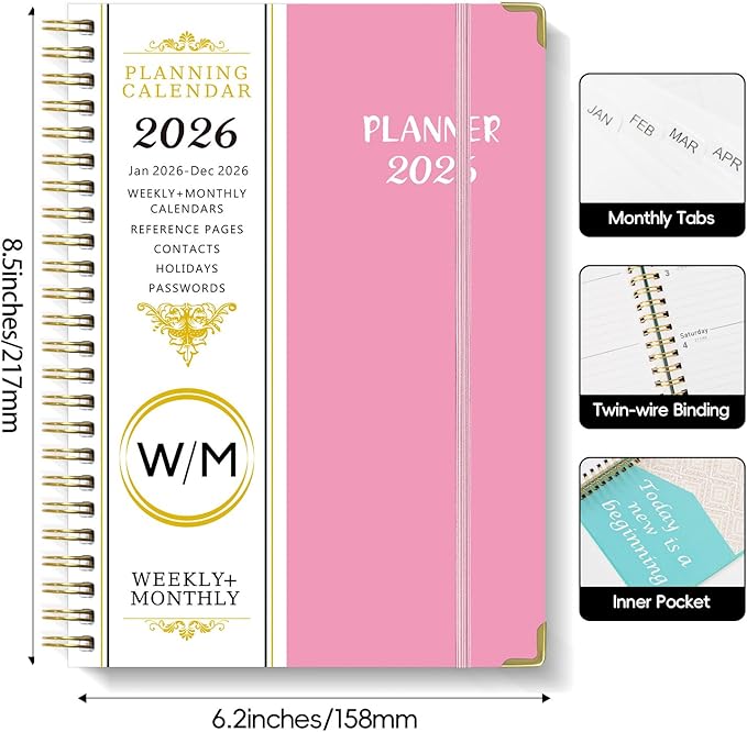 2026 Planner, Weekly and Monthly Academic Year 2026 Calendar(January 2026- December 2026), Agenda Book for School Stuedent, Teacher, Home, Office (Pink(JAN2026-DEC2026))