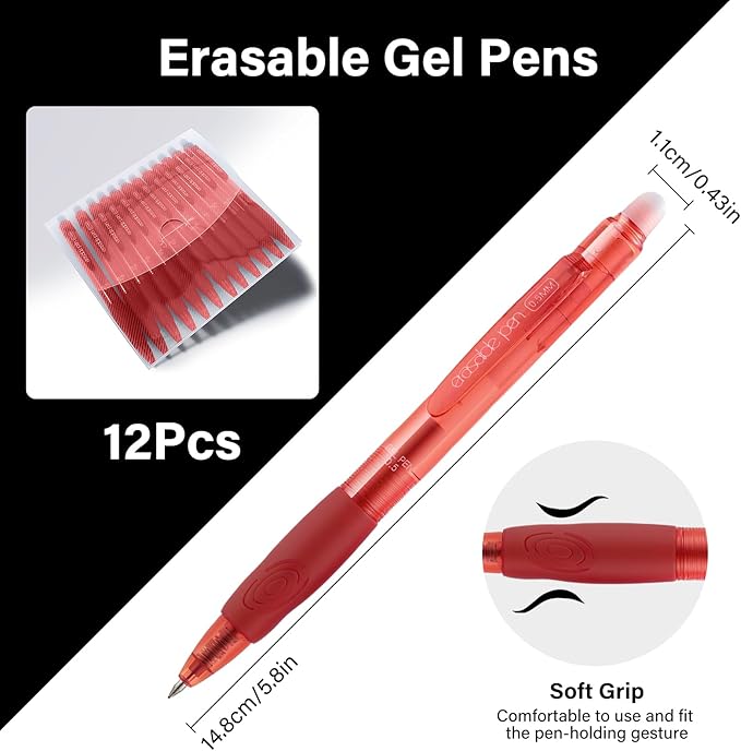EUSOAR Erasable Gel Pens, 12-Pack Retractable School Red Erasable Pens (0.5mm), Dry Erase Pen Take Notes Smooth Writing for Crossword Puzzles Planner Scheduling Appointments Sketching