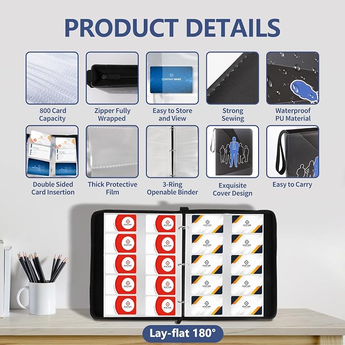 Leather Business Card Book Holder Organizer, Professional Name Card Book Holder with 800 Card Slots Capacity Booklet, Portable PU Credit Card Binder File Sleeve Storage for Men Women,40 Pack Sleeves