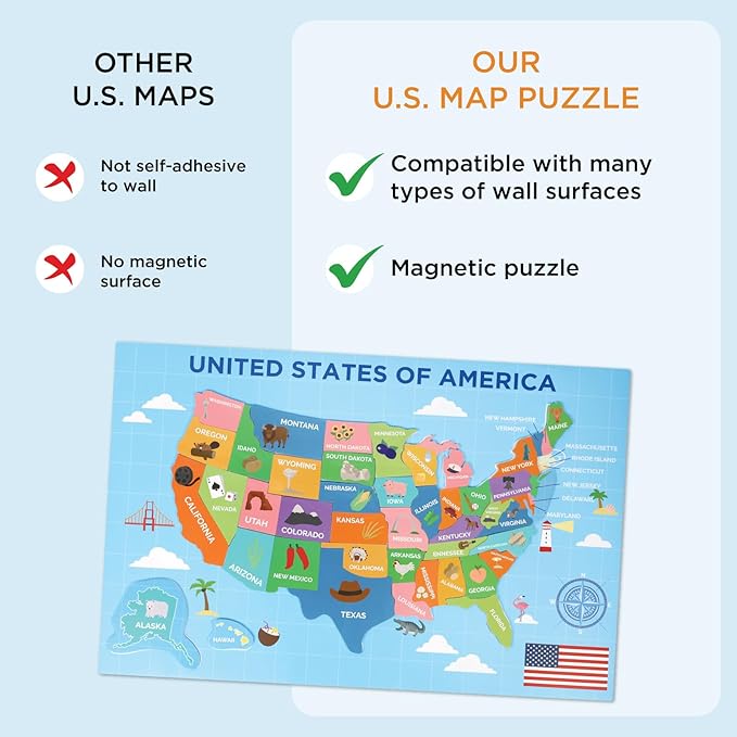 COMIX Magnetic Dry Erase Board, Educational Jigsaw Puzzle Board for Kids, 26" x 17" Adhesive 42 State USA Map Puzzle for Kids at Home Student Classroom