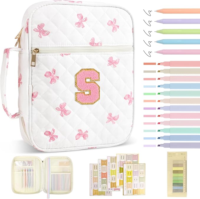 Personalized Initial Bible Cover Case for Women Girls Kid - Large Quilted Bible Case with Handle, Stylish Chenille Letter Bag Study Supplies, Perfect Christmas Gifts for Christians Women (Pink Bow-S)