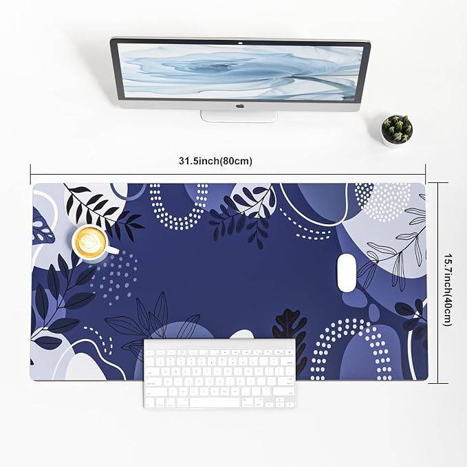 Colorful Star Large Mouse Pad, Botanical Desk Mat Office Supplies, Waterproof Faux Leather Big Gaming Mousepad, Blue Tropical Plants Desk Pad Home Office Décor Accessories 31.5" x 15.7"