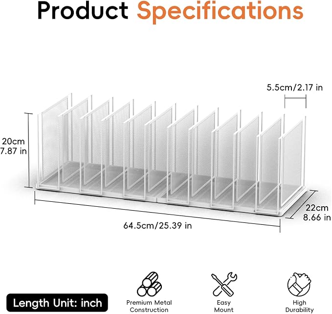 Desk File Organizer, 11 Section Vertical Metal File Organizer for Desk, Desktop File Organizer Stand, Paper Folder Organizer for Office Home Classroom Storage (White, 11 Section)