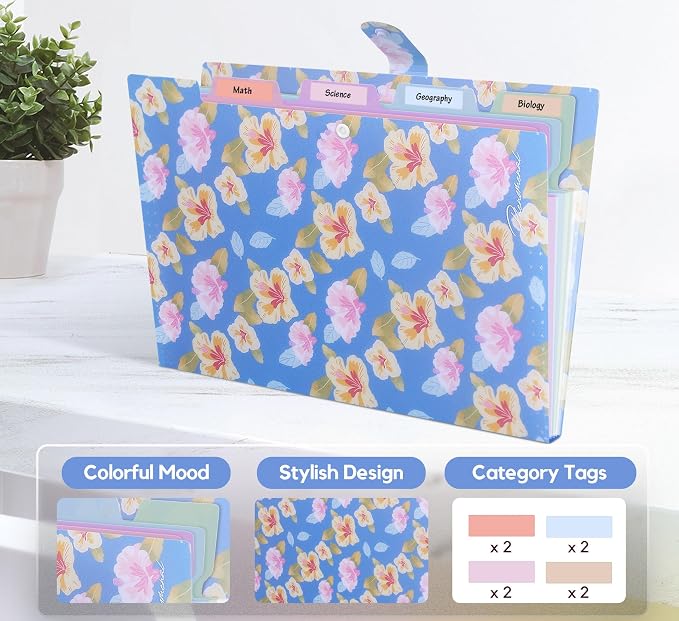 Flower Series Expanding File Folder, Vintage Floral Elegant Funky Cute Retro Document Organizer for Document Arrangement - Blue Floral