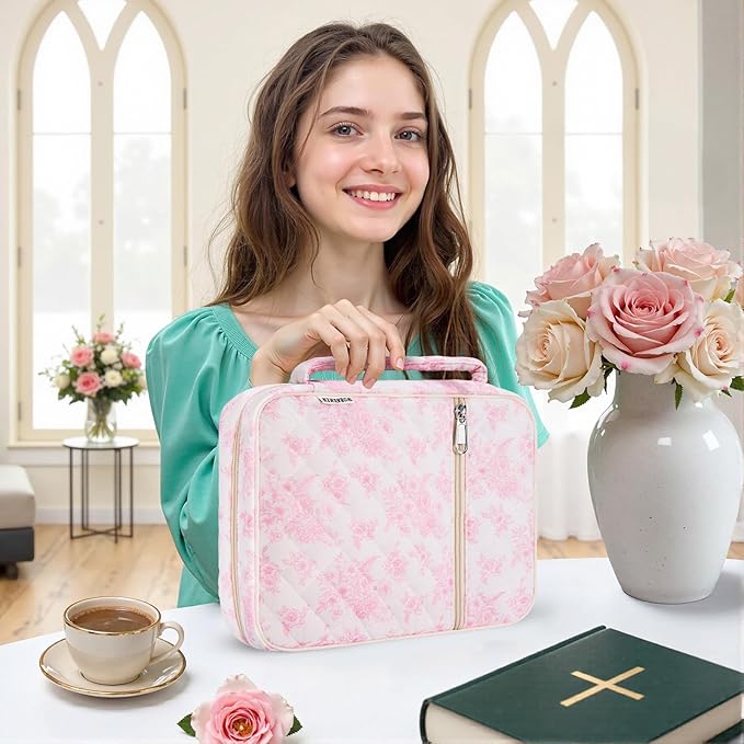 WOBAGMEN Bible Cover Case for Women,Large Bible Tote Bags Organizer Quilted Carrying Case for Girls,Bible Study Supplies Accessories Christian Gifts for Women (Elegant Pink Floral, M)