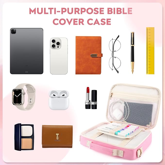 Bible Cover Case for Women Grils, Preppy Bible Bag with Adjustable Shoulder Strap, Waterproof Bible Carrying Tote Bags Holder for Bible Study Supplies Accessories & Christian Gifts (Pink)