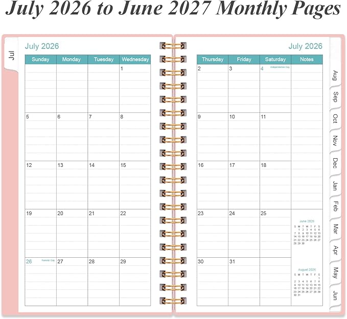 2026-2027 Pocket Planner/Calendar - 2026-2027 Weekly & Monthly Planner from July 2026 to June 2027, 12 Months Tabs, 3.75" x 6.75", Pink