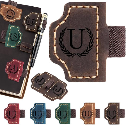 Artlaza Personalized Magnetic Leather Bookmark with Pen Holder - 26 Letters Custom Book Mark with Name Initial Engraved Book Marker for Readers, Book Lovers, Travelers - Gift for Women & Men(Brown，U