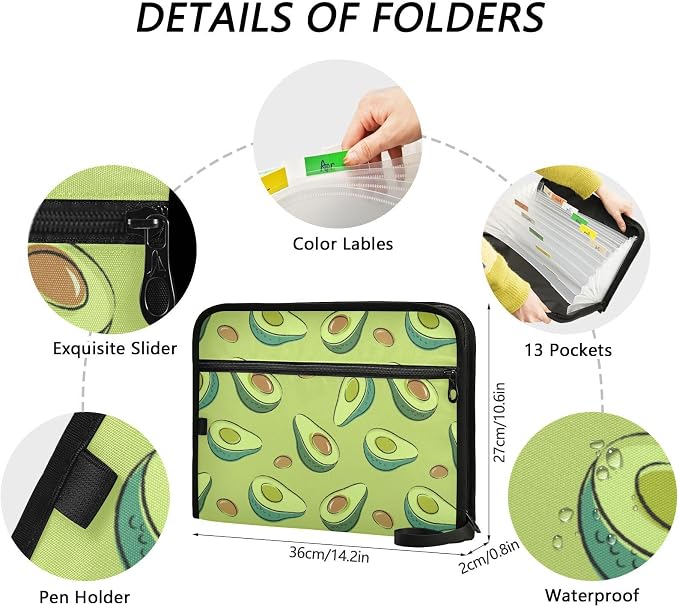 Avocados Green 13 Pockets Expanding File Folder with Sticky Labels Accordion File Folder Document Organizer Letter Size A4 Papers Expandable File Keeper