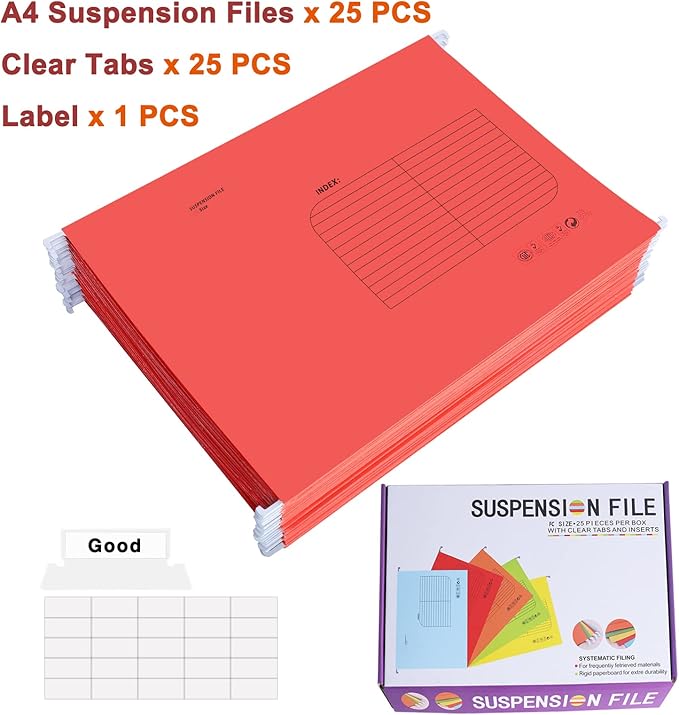 Hanging File Folder, A4 Suspension Files Holder, Hang Folder, Filing Cabinet Suspension File with Tab and Label for School Home Office, Red, 25 Pack