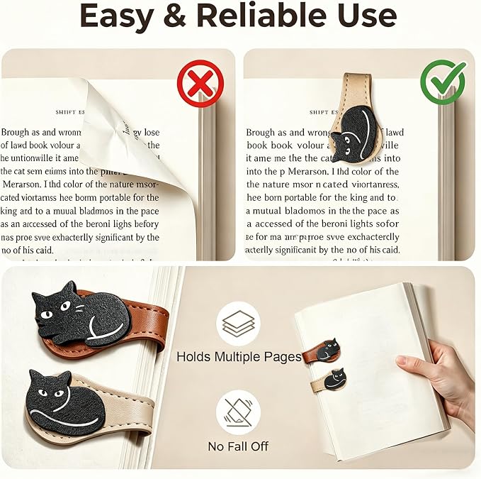 Gifts for Women Cute Cat Leather Magnetic Bookmarks for Women Vintage Book Marks for Reading Small Birthday Teacher Graduation Bookish Reading Book Lovers Gifts Office Planner Book Accessories Clip