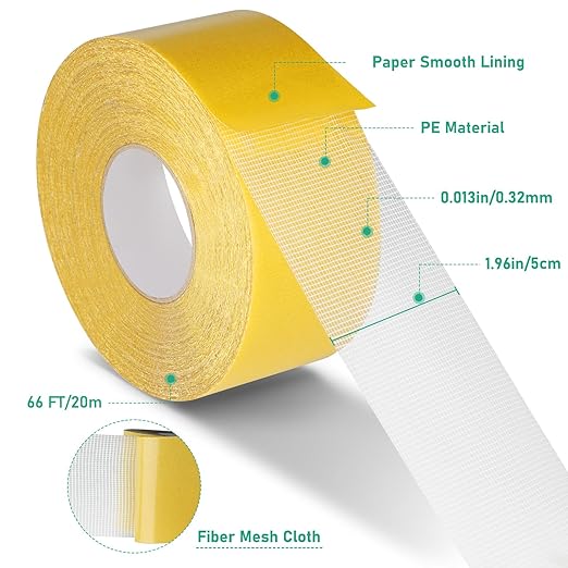 Double Sided Fabric Tape Heavy Duty, 2In x 66FT Strong Sticky Clear Tape for Clothes, Double Stick Carpet Tape, Strong Wall Adhesive with Fiberglass Mesh, High Stickness Heavy Duty 2 Sided Tape