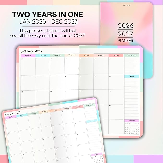 2026-2027 Pocket Planner | Small A6 Size - Fits in Your Bag | Two-Year Calendar | Premium 120gsm Paper | Portable & Durable Design (Colorful)