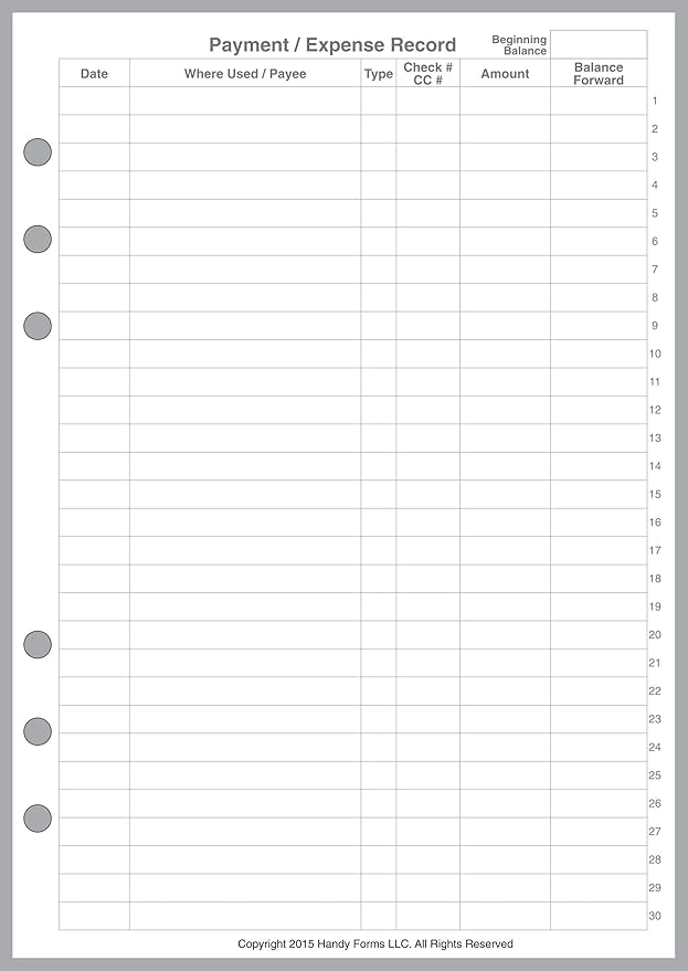 A5 Size Payment/Expense Record and Check Register Pages, Sized and Punched for 6-Ring A5 Notebooks by Filofax, LV (GM), Kikki K, TMI, and Others. Sheet Size 5.83" x 8.27" (148mm x 210mm)