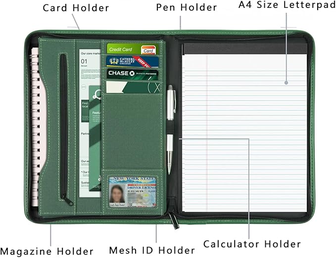 Zippered Portfolio Organizer/ A4 Refillable Lined Writing Notepad Folder Case/Fabric-Covered Padfolio Binder with Interior Storage Pocket for Men Women.Green