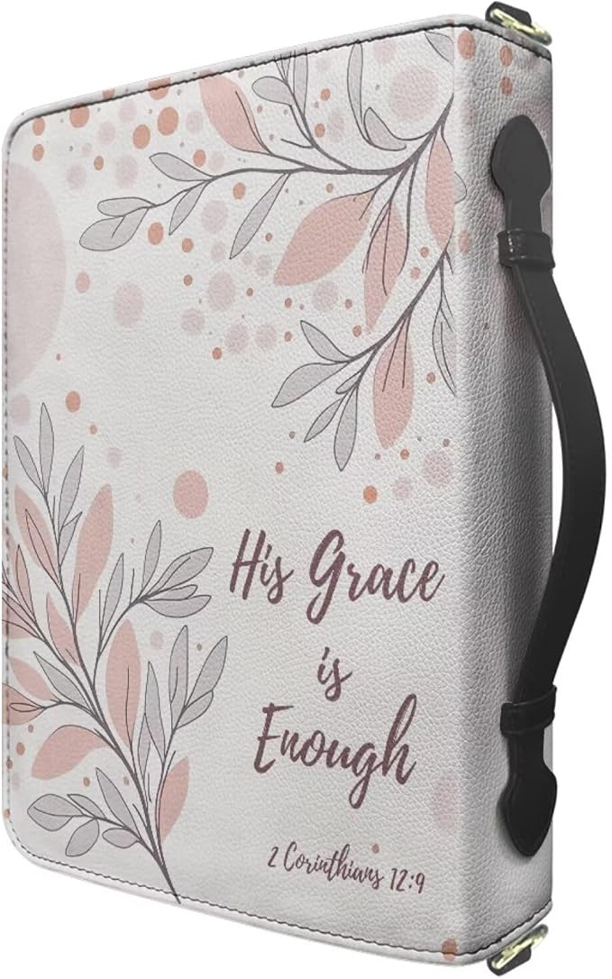 Aesthetic Bible Cover Case for Girls Gray, Medium Bible Covers with Strap and Handle, II Corinthians 12:9 Book Organizer with Inner Pockets and Pen Loop, Biblia Study Supplies for Girls