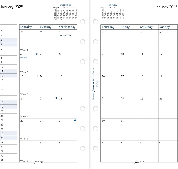 Filofax Calendar Diary Refill, Personal/Compact Size, Month-to-View, White Paper, English, 2025 (C68410-25)