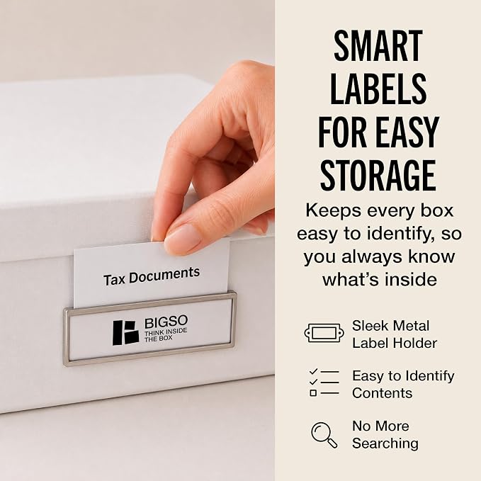 Bigso Oskar Fiberboard Label Frame Document Letter Box - File Organizer Box for Important Paperwork - Document Storage with a Lid & Metal Label Window - 3.3 in x 10.2 in x 13.8 in - 3 Pack - White