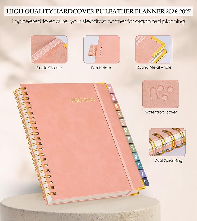 Academic Planner 2026-2027, Hardcover Leather Weekly and Monthly Calendar Planner from July 2026 - June 2027, A5 6.1" x 8.2" Daily Agenda with Tabs, College School Organizer for Student Teacher, Pink