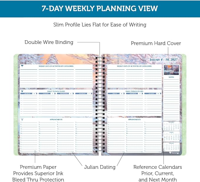Planner Pad Spiral Bound January-December 2027/ Calender Year 6 3/4" x 8 1/2" Medium 3-Tier Funnel Down 12 Month Organizer, Seasonal Color Ink