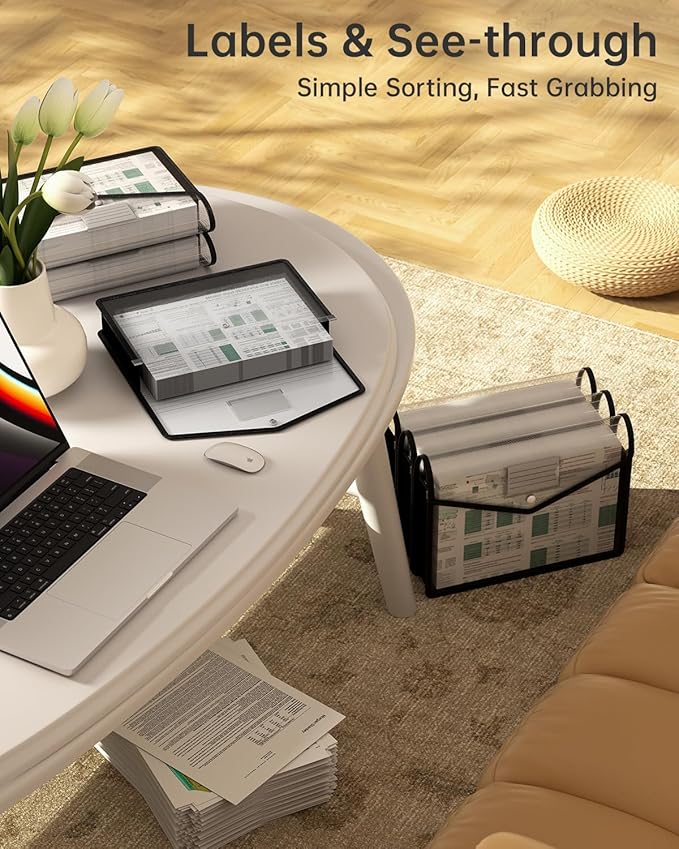 7 Pack Plastic Expanding File Folder, Transparent Envelopes with Snap Closure, No Dividers, Large Capacity, Black File Folder Organizer Holder, Bills&Taxes, Legal/B4 Size for School/Office/Home
