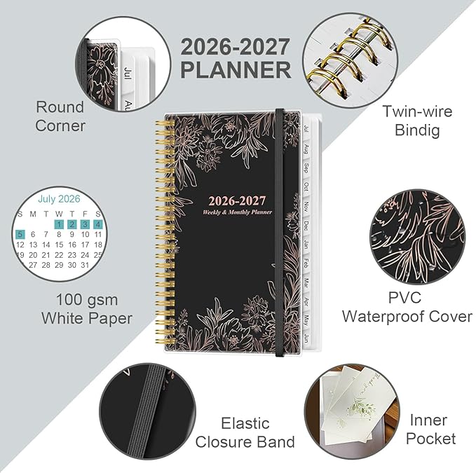 2026-2027 Pocket Planner/Calendar - 2026-2027 Weekly & Monthly Planner from July 2026 to June 2027, 12 Months Tabs, 3.75" x 6.75", Teal Leaf