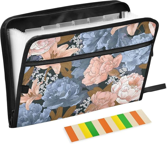 ALAZA Colorful Flowers Expanding Filing Folder, 13 Pockets Expandable Document Organizer Folder with Zipper Closure for Home Office A4 Letter Size Paper Document