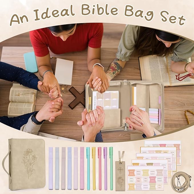 19PCS Floral Khaki Leather Bible Cover for Women Bible Cover Cases for Teen Girls Christmas Gift Christian Bags Journaling Kit with Shoulder Strap Highlighter Pens & Book Marker 10.47 * 7.48 * 2.17in