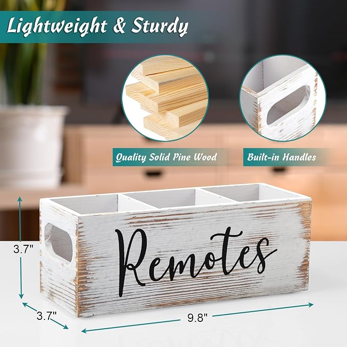 DRASTAR Remote Control Holder, 3 Slots Wood Remote Storage Caddy, Remote Control Organizer Retro White