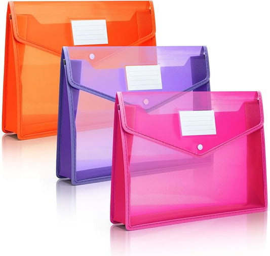 Epakh 3 Pack B4 Plastic Expanding File Folders Waterproof Transparent Expandable File Folder Wallet Document Organizer with Snap Button Closure for School Office Business (Pink Purple Orange)