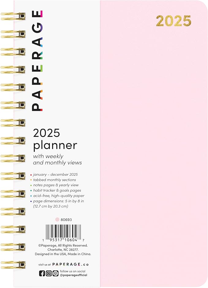 PAPERAGE 2025 Weekly & Monthly Spiral Bound Planner (Blush), 12 Month (January 2025 - December 2025), 5.5 in x 8 in, Weekly & Monthly Spreads, Includes Additional Note Pages & Trackers