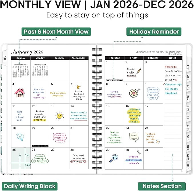 2026 Planner, Weekly and Monthly Calendar Planner Book, January 2026 - December 2026, Hardcover Spiral Planner with Monthly Tabs, Notes Pages, Perfect for Women & Men, A5 (6.4" x 8.5") - Leaf