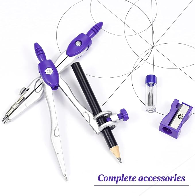 Vobou Math Geometry Kit Sets 10 Piece Student Supplies with Shatterproof Storage Box,Includes Rulers,Protractor,Compass,Eraser,Pencil Sharpener,Lead Refills,Pencil,for Drafting（Purple）
