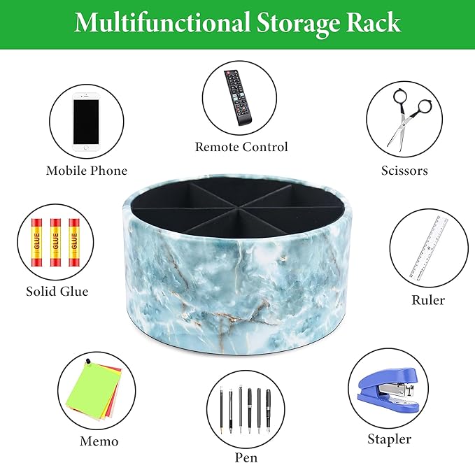 Remote Control Holder, 360°Spinning PU Leather Desk TV Remote Caddy,Desk Storage Box Room Accessories for Controller, Media,Mail,Calculator, Mobile Phone,Pencil(1-Big Marble Green)