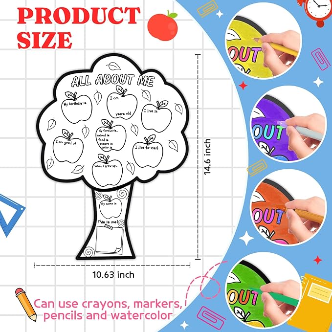 Zoyeven 45 Pcs Apple All About Me Coloring Poster Elementary School Supplies Back to School Ideas Project Chart Fill in Poster Craft Classroom Activities Supply