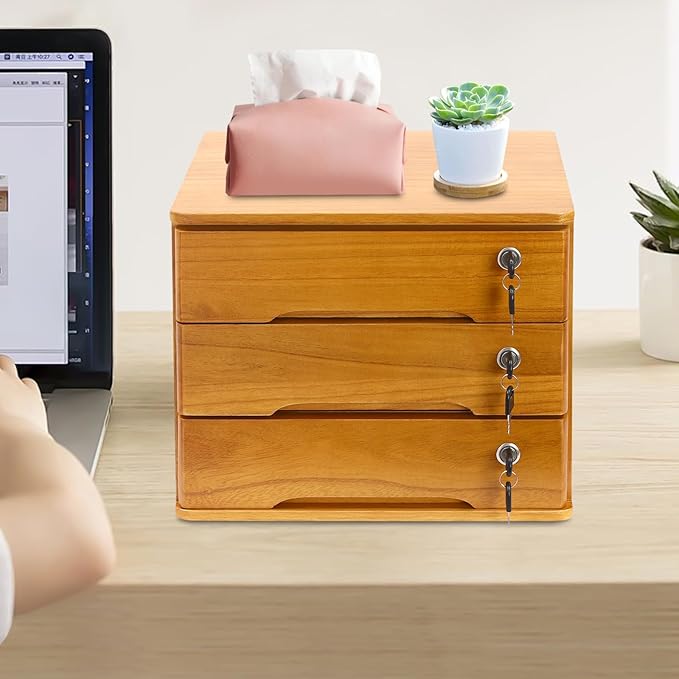 Lockable Desk Organizer Wooden Desktop Drawers Office Flat Files Storage Box Locking Countertop Storage Cabinet (Wood Yellow, 3-Tier)