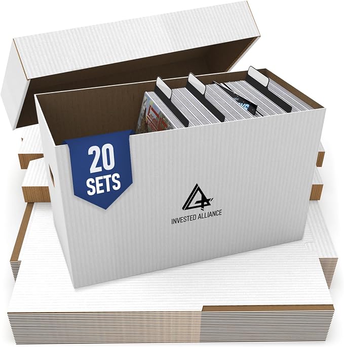 Invested Alliance Premium Short Comic Book Storage Box Organizer with Lid | Thick Cardboard Comic Storage Box For Collectibles Fits 150-175 Current/Silver Age, Heavy Duty & Stackable.