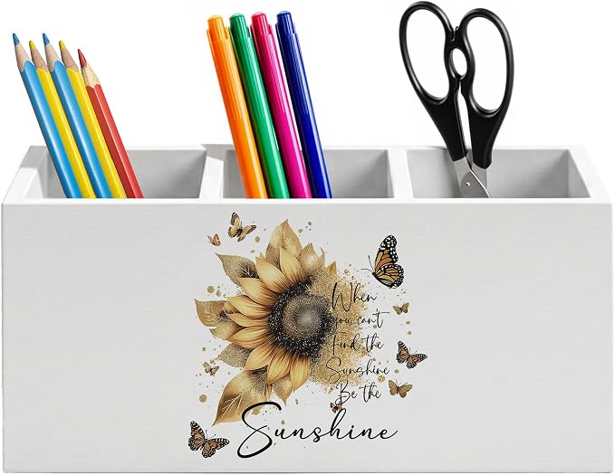 Inspirational Golden Sunflower Pen Holder for Home Office Desk, When You Can't Find the Sunshine Be the Sunshine Motivational Wooden Box Sign Pencil Holder for Desk Shelf Organizer