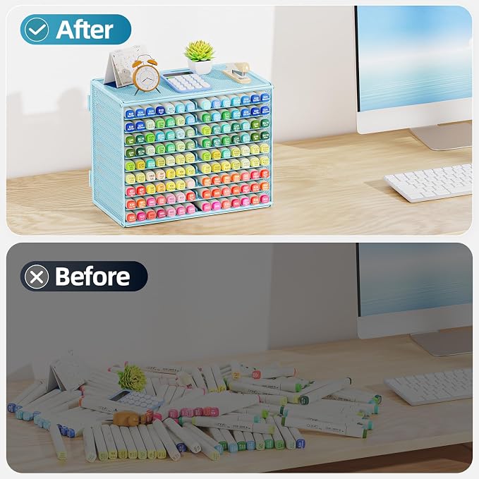 Marbrasse Mesh Marker Organizer, Metal Desktop Storage Rack for 126 Markers, Pens, Pencils, 9 Tier Marker Holder for Office Classroom & Home Art Supplies(Blue)