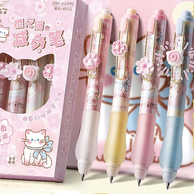 4 Pcs Erasable Pens Retractable Pens Cute Cat Flower Gel Ink Pens Cartoon 3D Pen 0.5mm Smooth Writing Pens Soft Grip Erasable Pen Office School Supplies Women Girls Boys (Black Ink-Cat Flower)