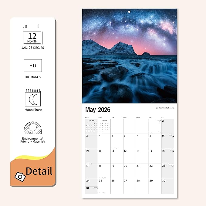 Wall Calendar 2026 Planner Calendar - Milky Way Hangable Monthly Wall Calendar with Large Blocks for Organizing & Planning, Academic Schedule, Home, Office & family, Thick & Sturdy Paper (12"x24" Open)