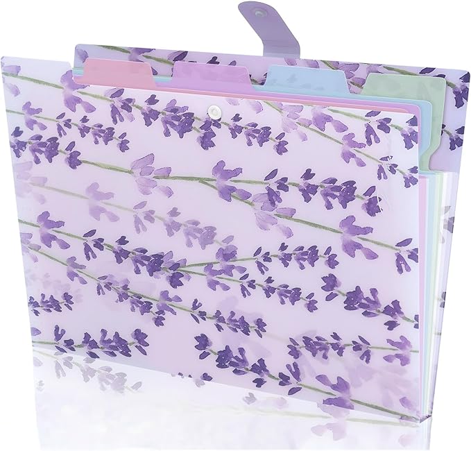Folder Organizer Expanding File Folder Patternted - Accordion Document Organizer with 5 Pockets and Labels, Waterproof A4/Letter Size for School Office Home (Lavender)