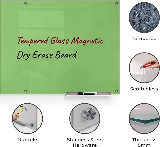 Glass Dry Erase Board for Wall - Magnetic Glass Board with Green Surface - Frameless 48"x96" with Magnets, Markers, Eraser, Marker Tray by Fab Glass and Mirror