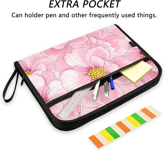 ALAZA Pink Flowers Floral Expanding Filing Folder, 13 Pockets Expandable Document Organizer Folder with Zipper Closure for Home Office A4 Letter Size Paper Document